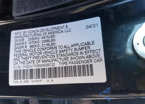 2021 Honda Accord Sport Se from USA, damaged, VIN 1HGCV1F45MA069122